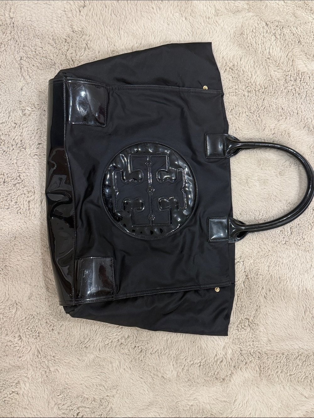 Tory Burch Black Nylon Tote with Patent Logo Medallion